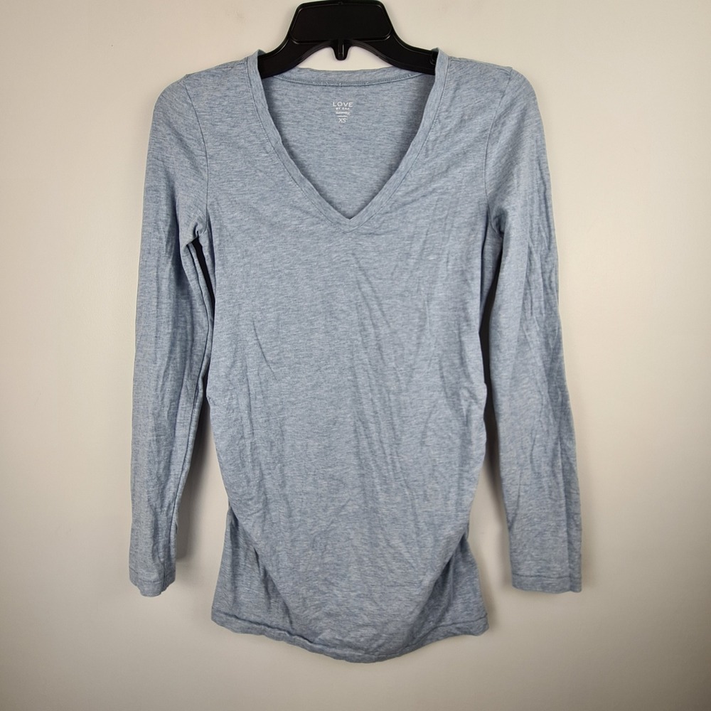 Love by Gap Maternity V-Neck‎ Long Sleeve Tee Heather Blue Ruched Size XS
